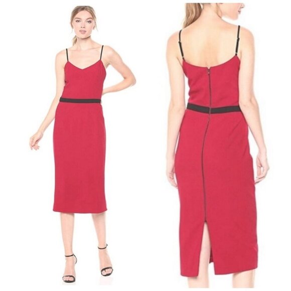 Dress the Population Emma V Neck Red Sleeveless Belted Holiday Midi Dress Size S - Picture 1 of 12